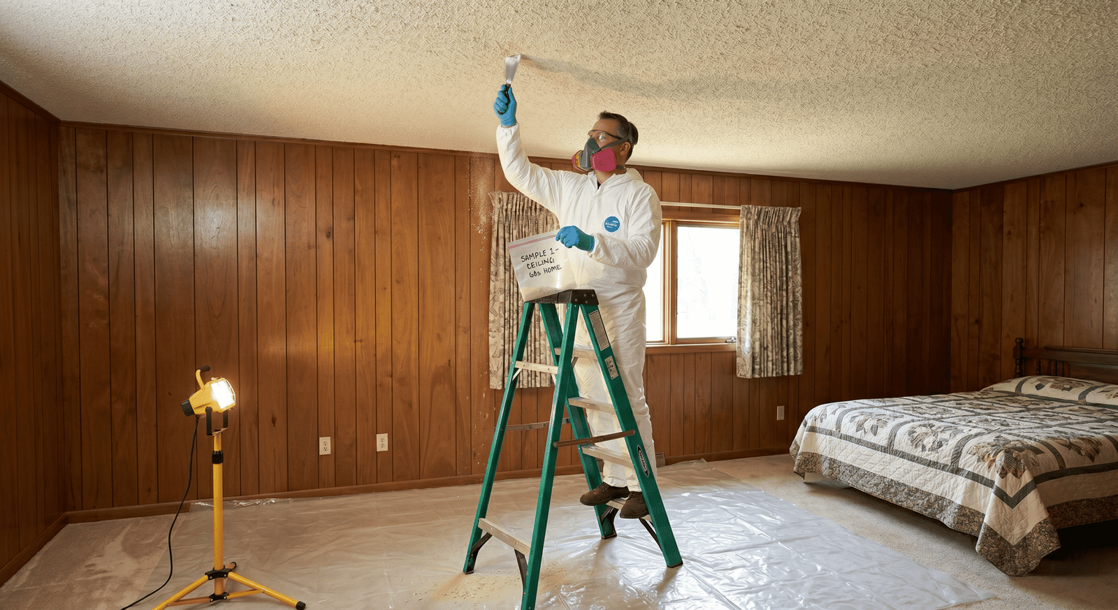 Asbestos testing Spokane WA — certified inspector in respirator collecting samples in a pre-1980 home